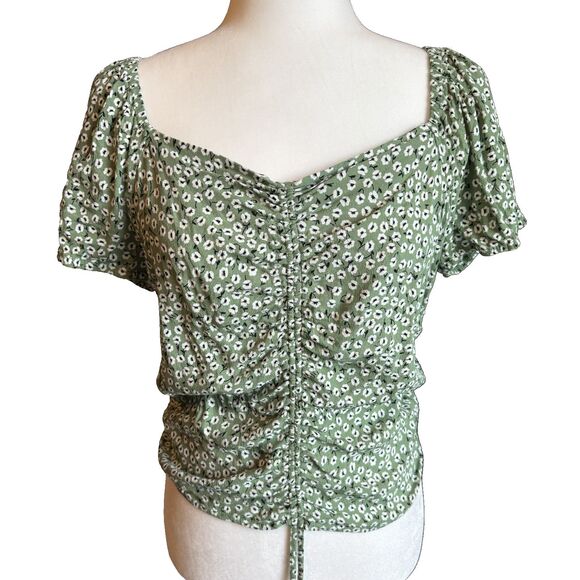 H&M Women's Sage Green Ditsy Floral Puff Sleeve Ruched Drawstring Top Size Large - Picture 4 of 16